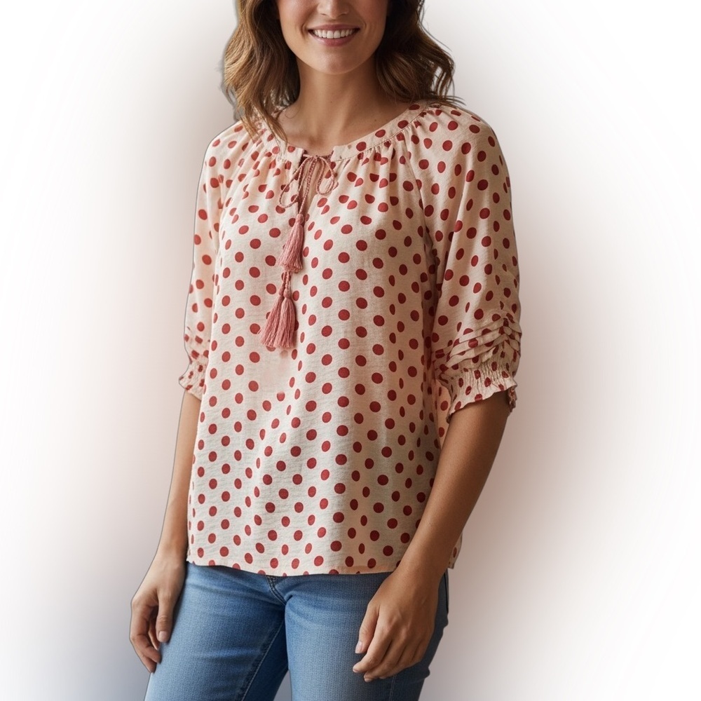 Ellison Womens Polka Dot Tassel Blouse Size Large